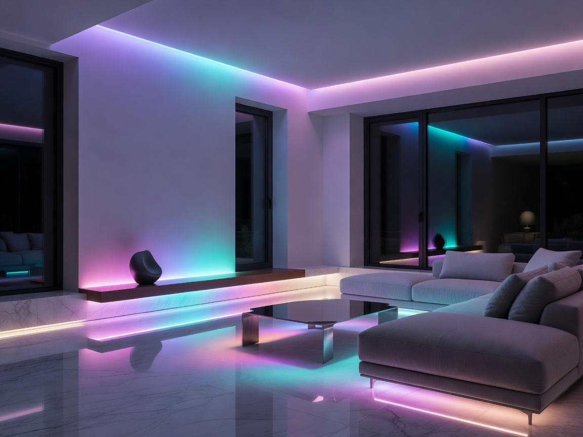A glowing ambient light changing colors in a modern living room