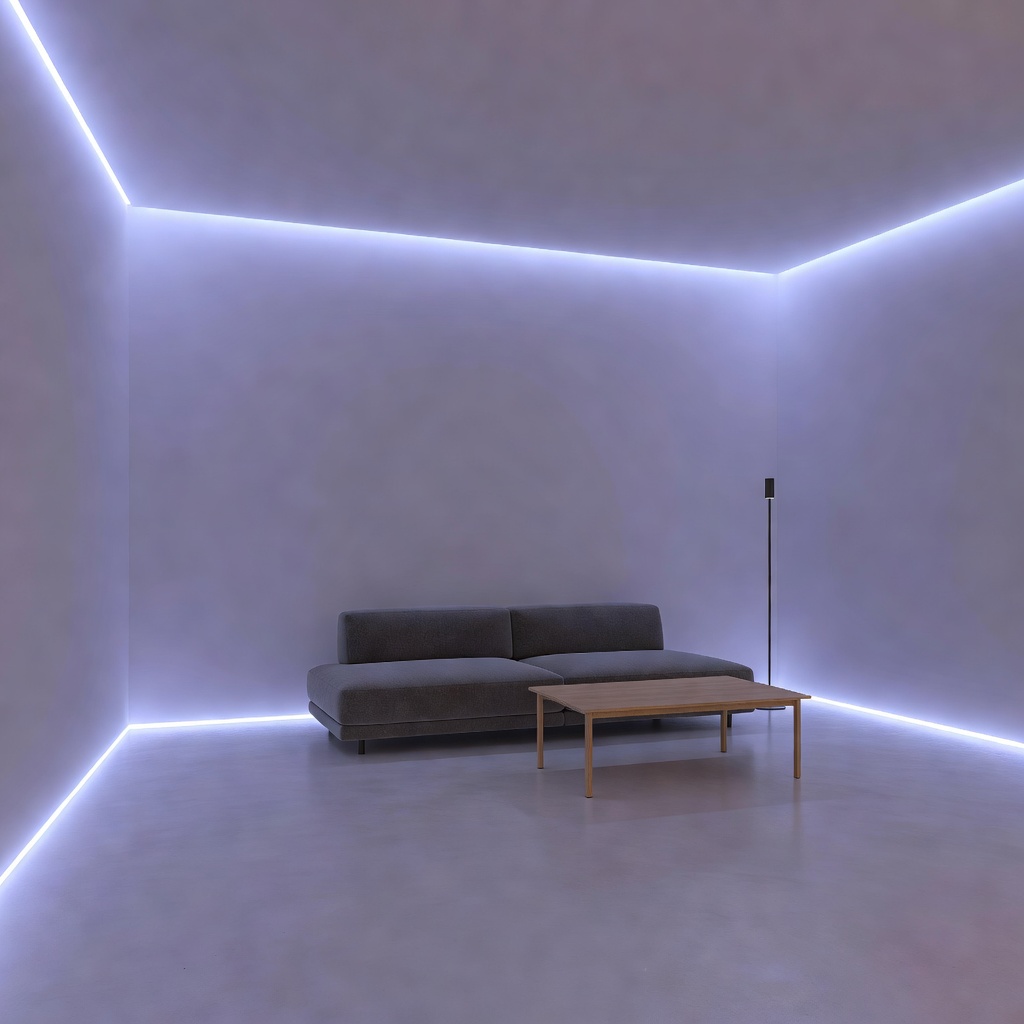 A minimalist living room bathed in a soft, customized purplish-blue smart light glow