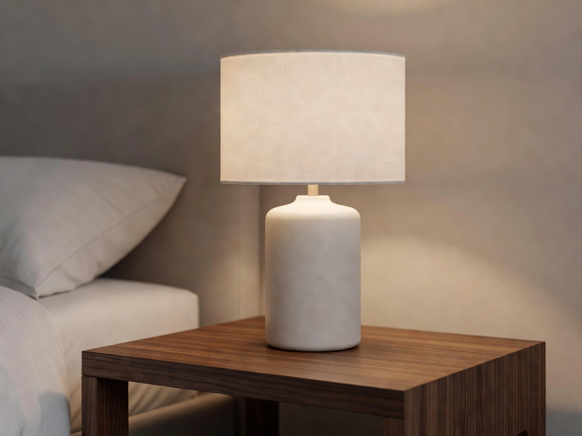 A modern ceramic table lamp on a wooden bedside table