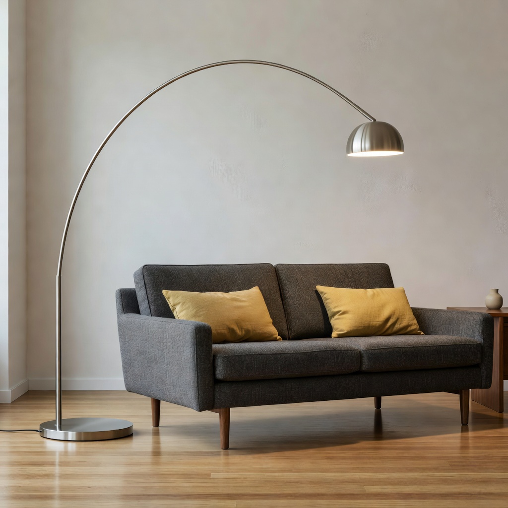 A sleek metallic arc lamp curving over a mid-century sofa