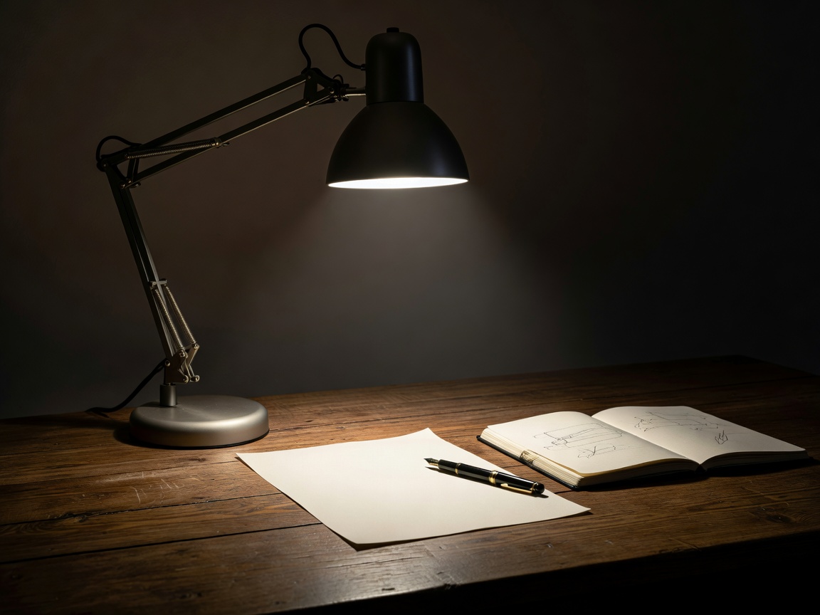 An adjustable metal desk lamp casting focused light on a workspace