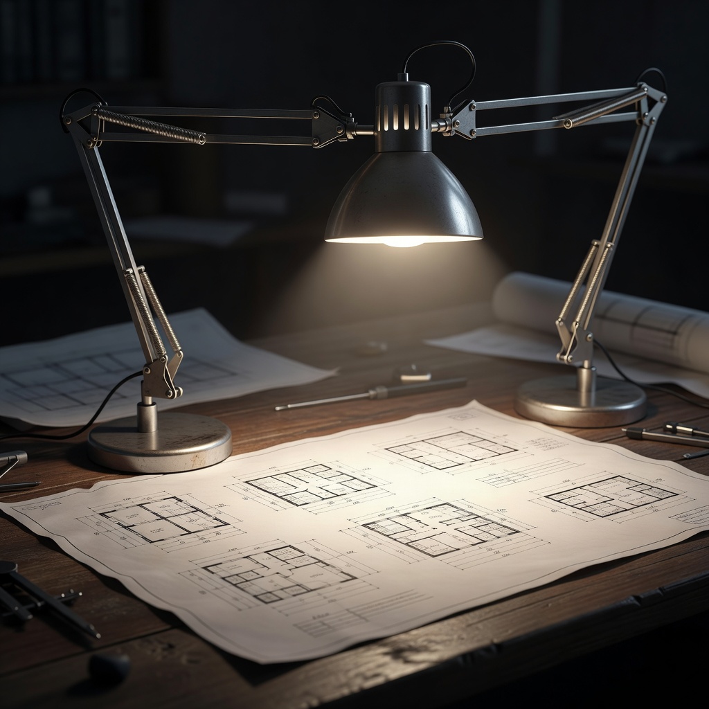 An articulated architect-style desk lamp casting bright light on architectural plans