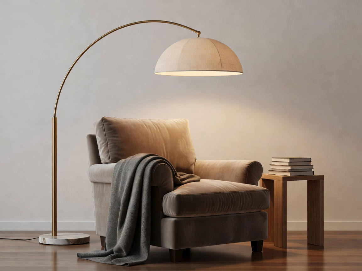 An elegant arc floor lamp leaning over a comfortable reading chair