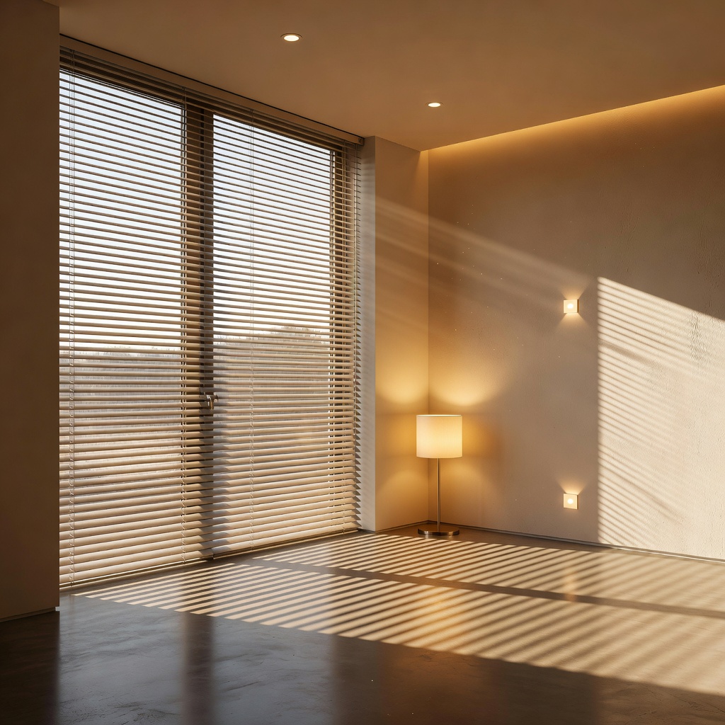 Sunlight streaming through architectural blinds alongside artificial warm indoor lighting