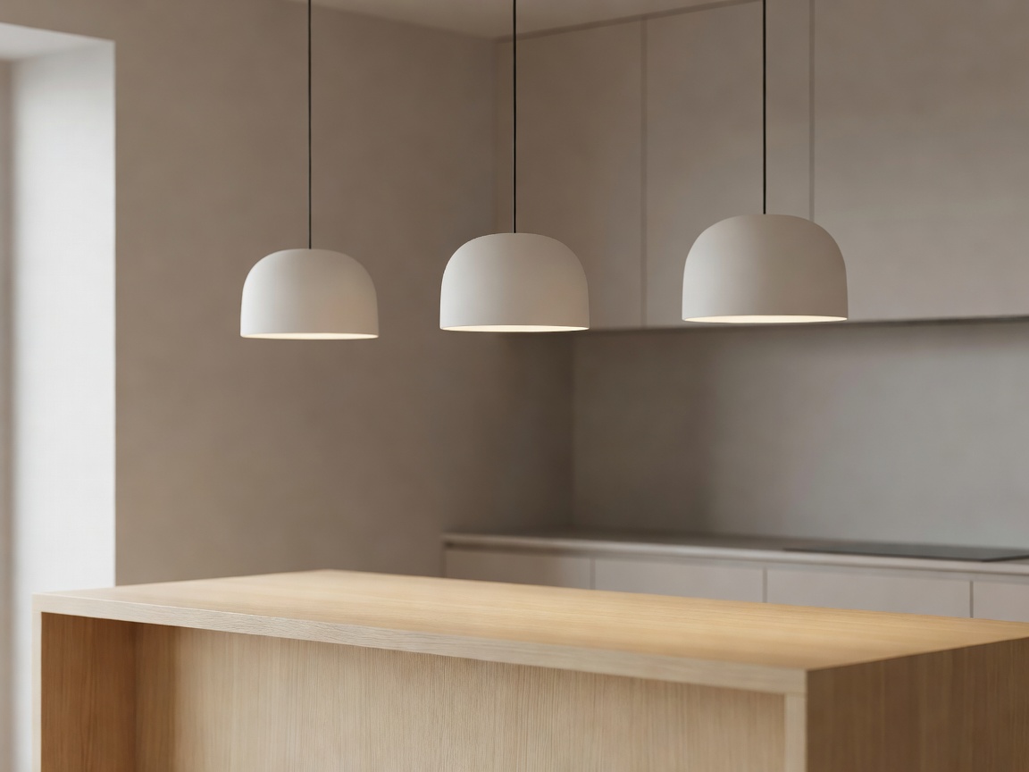 Three minimalist pendant lights hanging in a row above a kitchen island