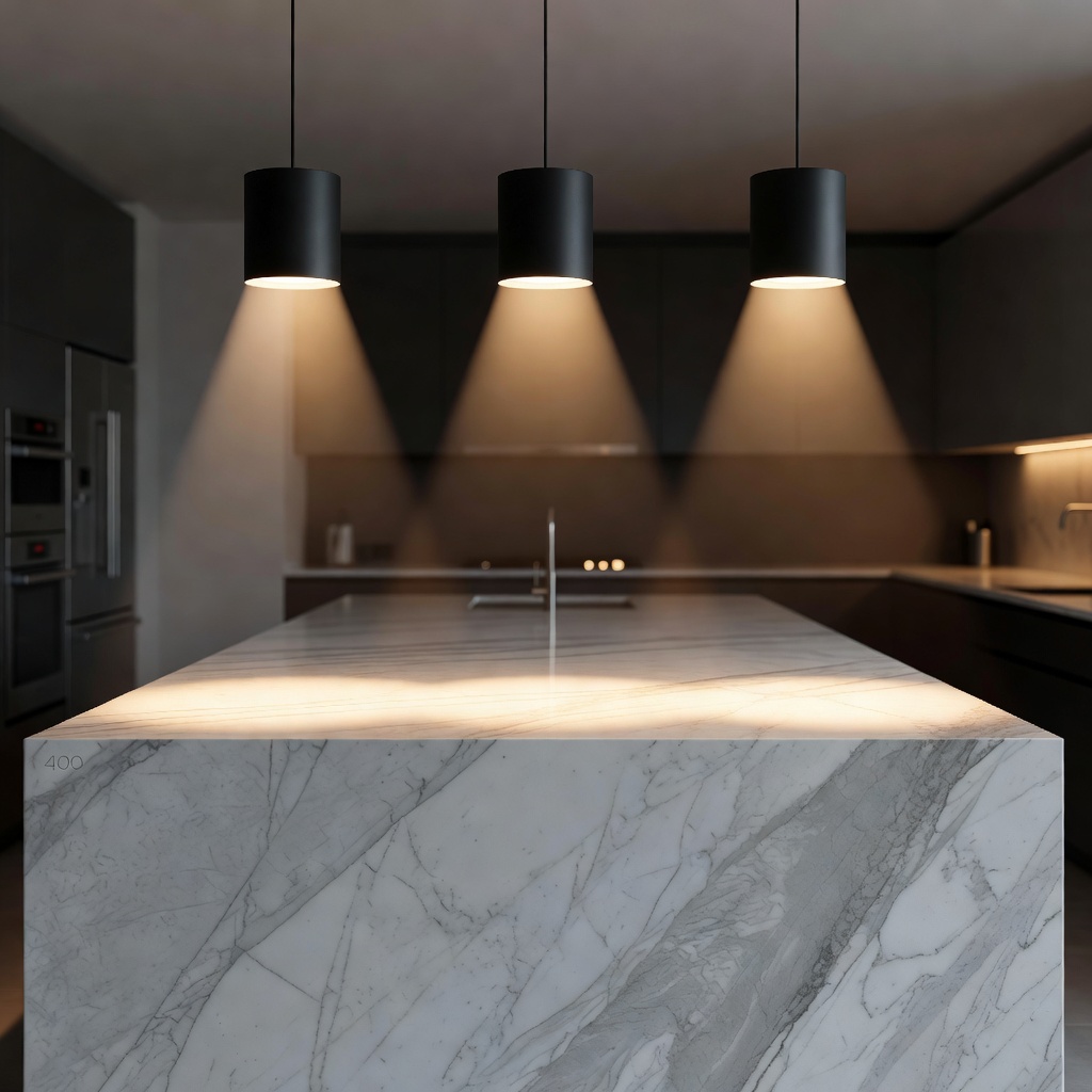 Three opaque matte black pendant lights casting cones of warm light onto a white marble kitchen island