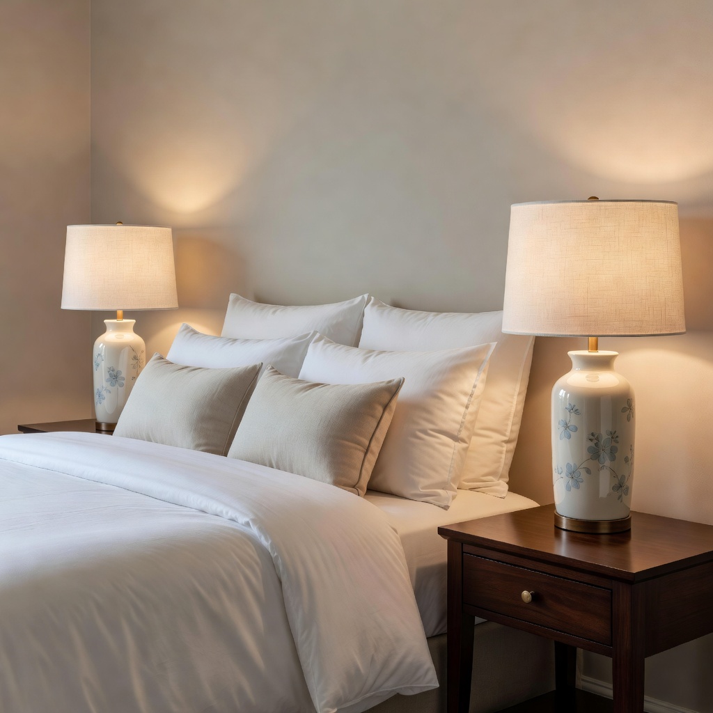 Two matching ceramic table lamps on either side of a bed